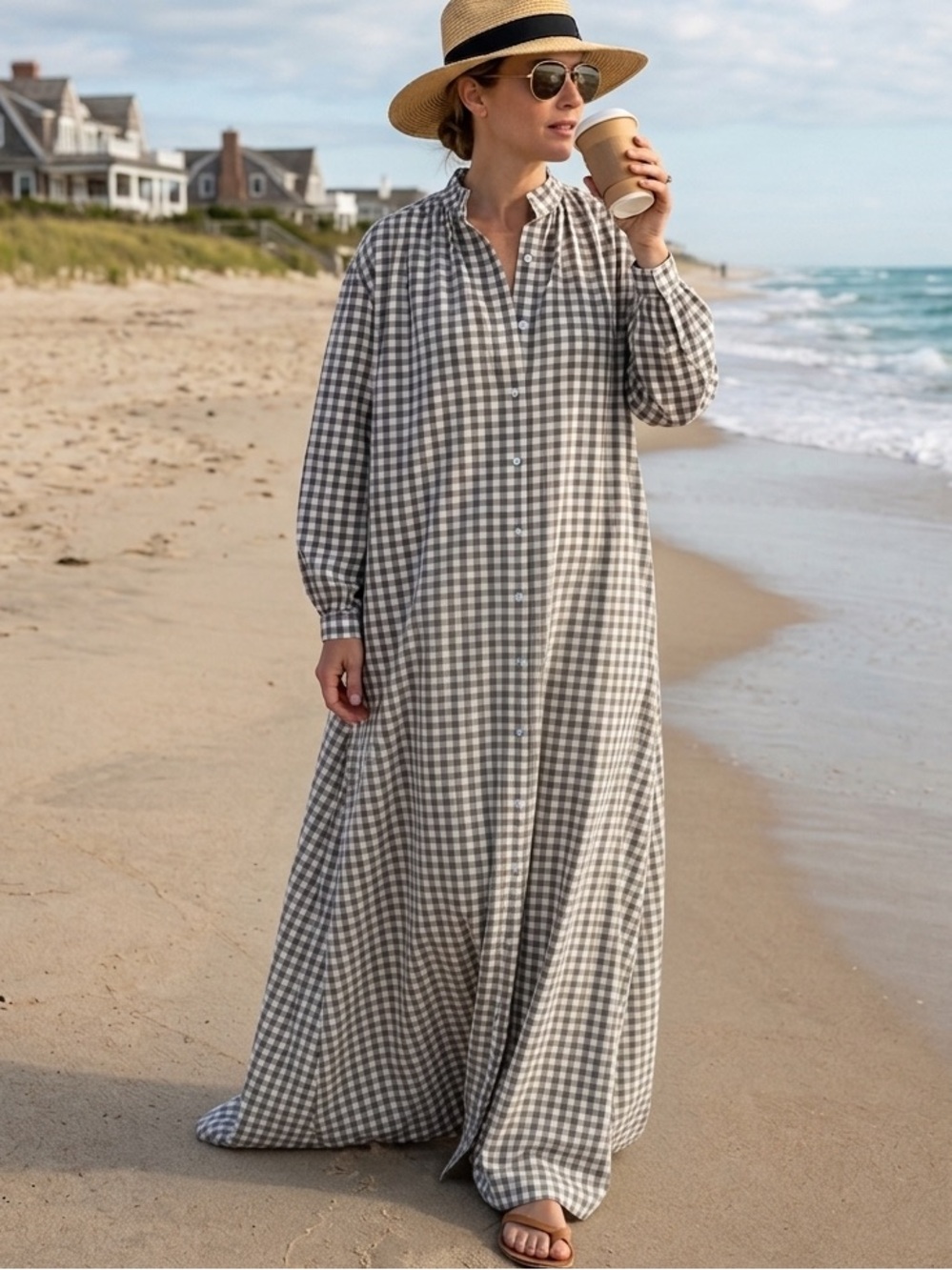 CHLUA Gingham Check Button-Up Maxi Dress Lagenlook Housecoat Oversized M